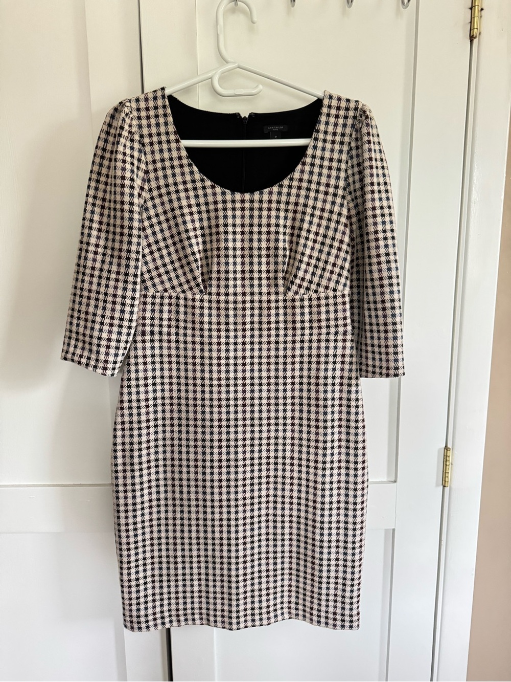 Ann Taylor Checked Scoop-Neck Midi Dress in Cream and Black